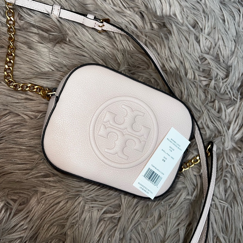 Tory Burch Double T Round Logo BOMBE shell pink Crossbody Bag